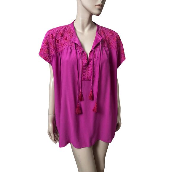 Johnny Was Calme Boho Double Tassel Top Embroidery Blouse L Raspberry Color - Picture 8 of 13